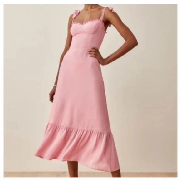 Reformation Pink Nikita Dress Bustier Ruffled Tiered Tie Straps Summer Size 4 - Picture 1 of 9